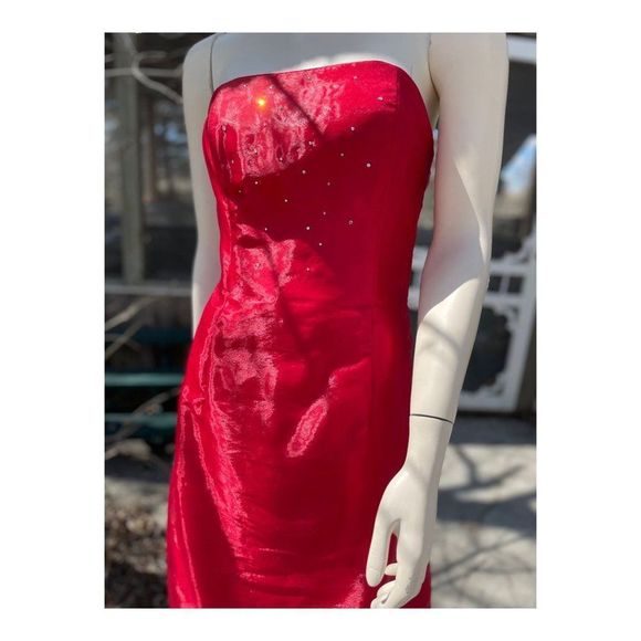 Vintage 90s Jessica McClintock for Gunne Sax Strapless Formal Maxi Dress Red Bea - Picture 12 of 16